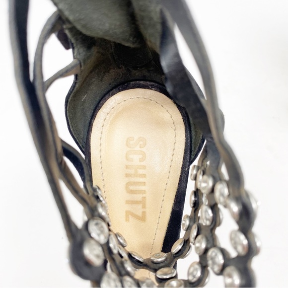 Schutz Size 6B Black Stiletto Heel Sandals with Bejeweled Rhinestone Ankle Strap - Picture 7 of 10